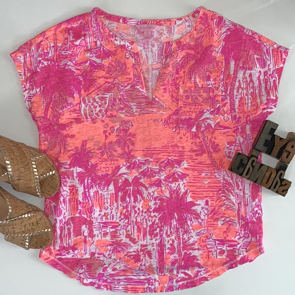 🌴LILLY PULITZER ‘Duval’ Notch Neck Linen Top in Cheeky Melon Rule Breakers - Picture 3 of 12